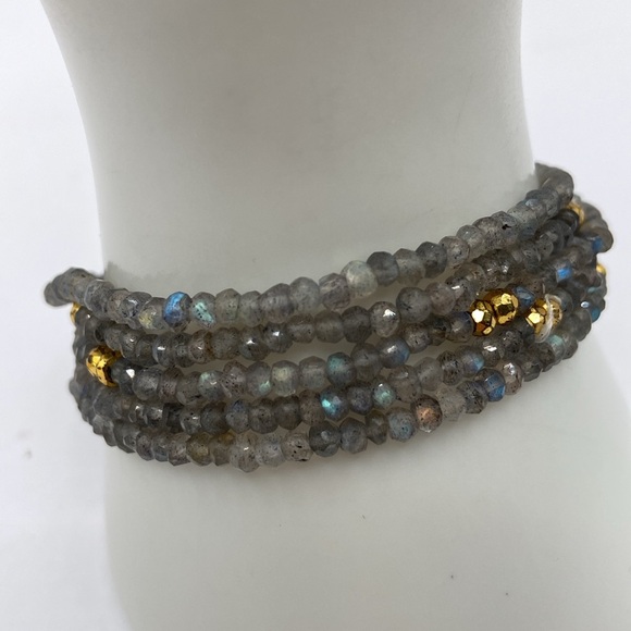 FacetedOpaque Labradorite Golden Pyrite Stretch Bracelet Average Medium - Picture 6 of 9